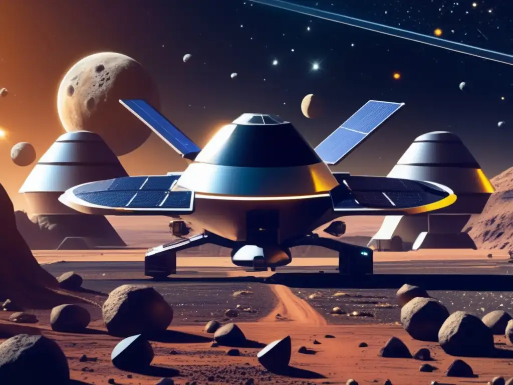Importancia turismo espacial asteroides: estación futurista en campo asteroides metálicos, turismo y minería, contrastando con la Tierra