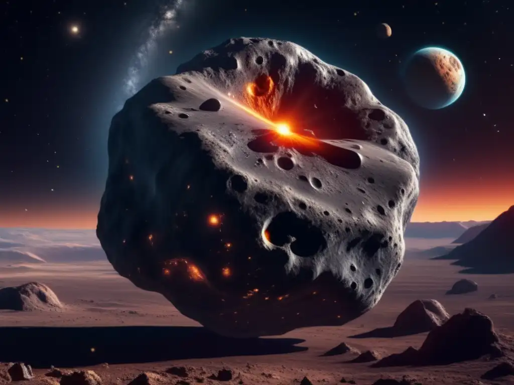 Un impresionante asteroide 8k, detallado y masivo, con su superficie rugosa, cráteres profundos y bordes irregulares