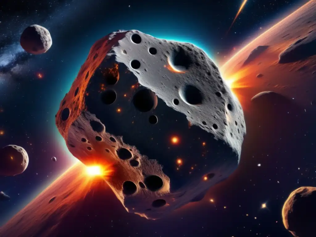 Un impresionante asteroide de 8k con detalles ultra detallados en el espacio, rodeado de un deslumbrante fondo cósmico