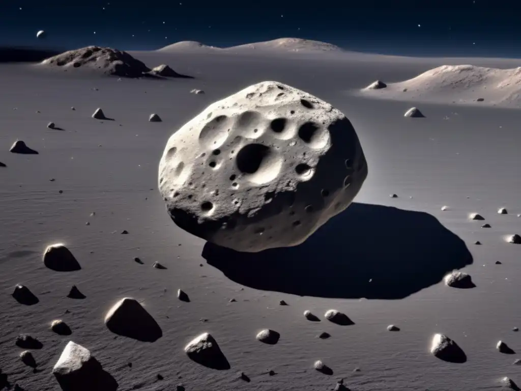 Fotografía impresionante de asteroide enano: superficie irregular con cráteres y sombras, rodeado de estrellas