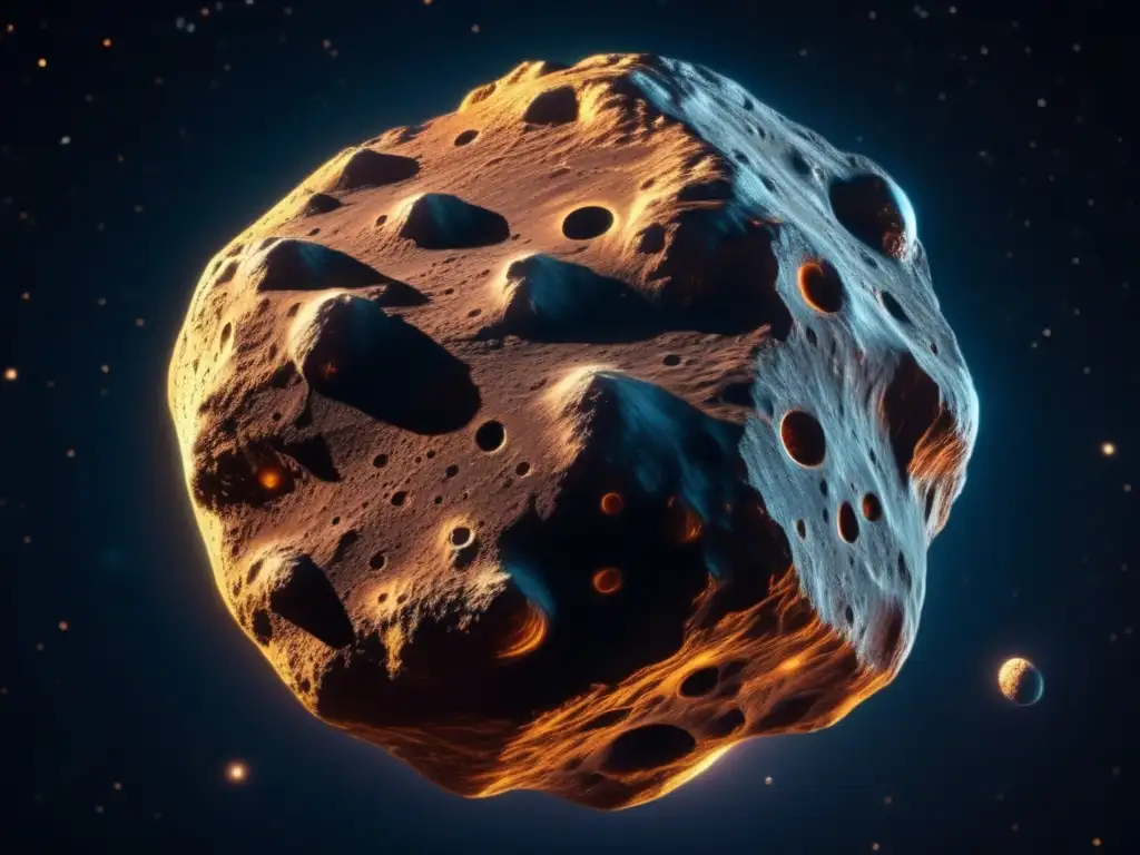 Un impresionante asteroide en el espacio, con textura rugosa y cráteres profundos, iluminado por estrellas distantes