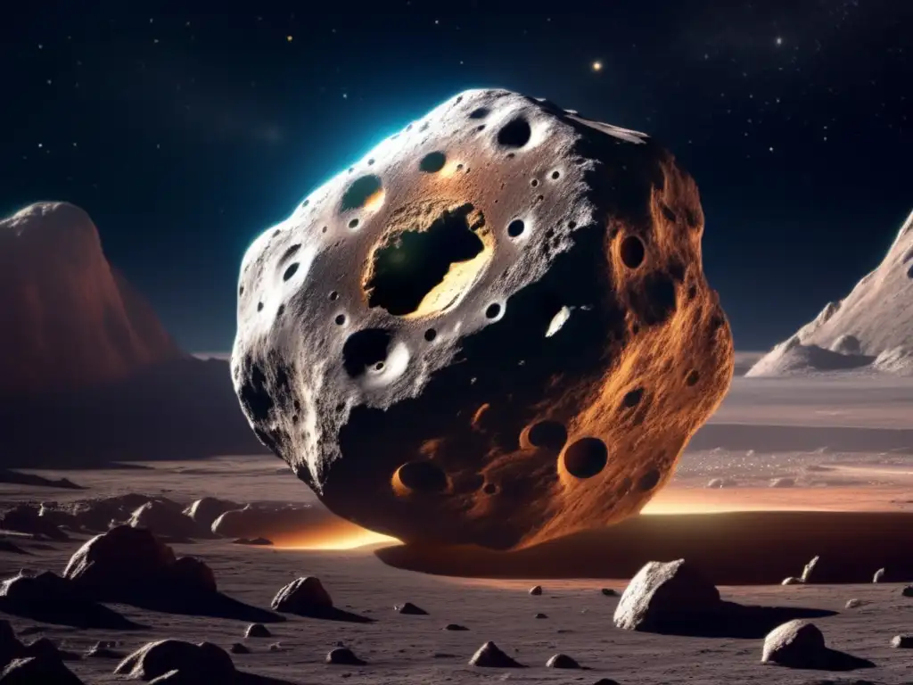 Un impresionante asteroide en el espacio con textura y cráteres, mostrando la belleza y escala de la minería de asteroides