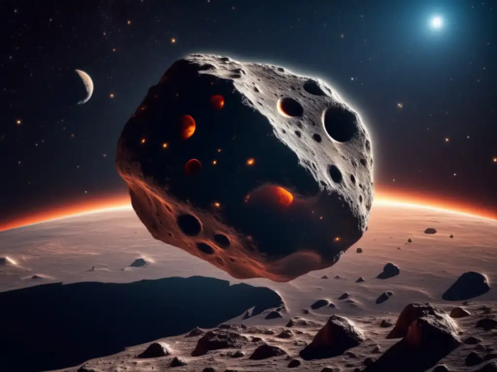 Un impresionante asteroide en el espacio: textura rugosa, cráteres, colores grises, rojizos y marrones