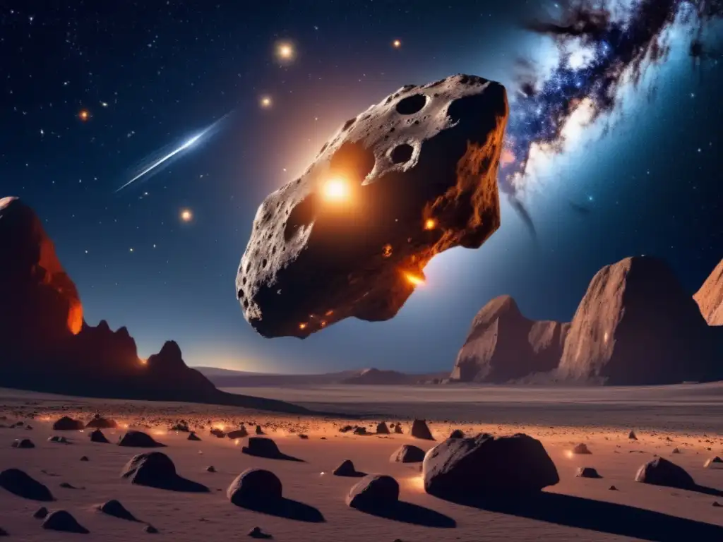 Un impresionante asteroide en órbita peligrosa cerca de la Tierra, rodeado de estrellas y con detalles realistas