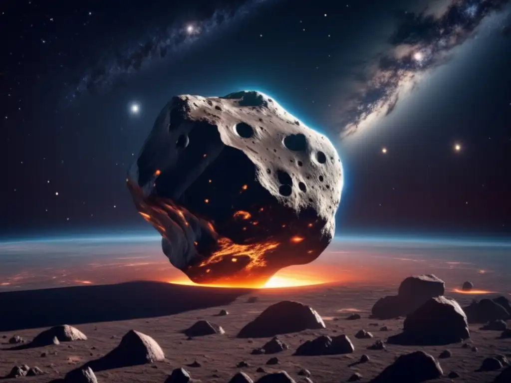 Un impresionante asteroide 8K en ruta hacia la Tierra, con superficie rocosa, cráteres profundos y bordes irregulares
