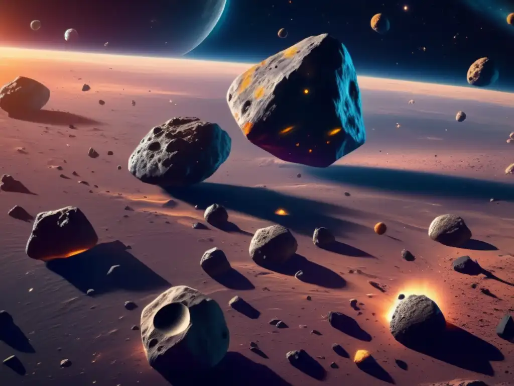 Diversidad de asteroides flotando en el espacio Aproximación impresionante de asteroides en el espacio: Misiones mineras en asteroides: planificación y logística