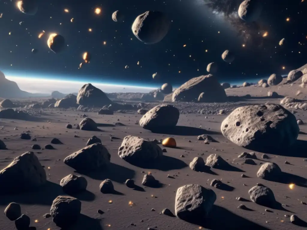 Un impresionante campo de asteroides en el espacio, con minera espacial, economía y literatura