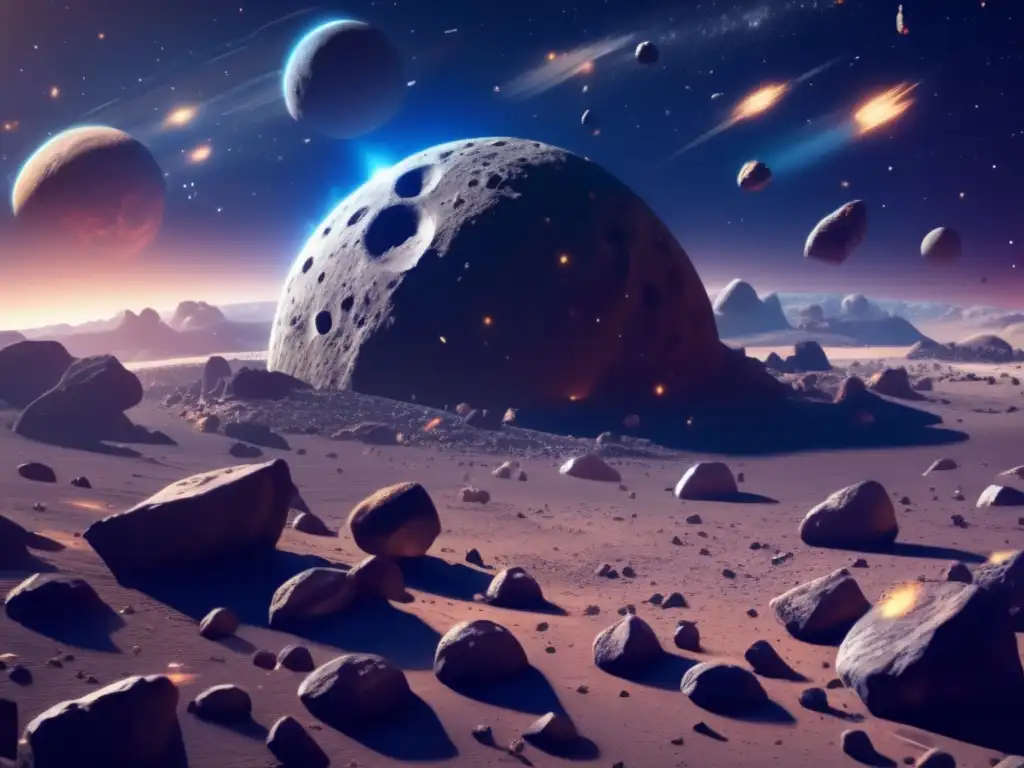 Un impresionante campo de asteroides en 8k, con diversos tamaños y formas