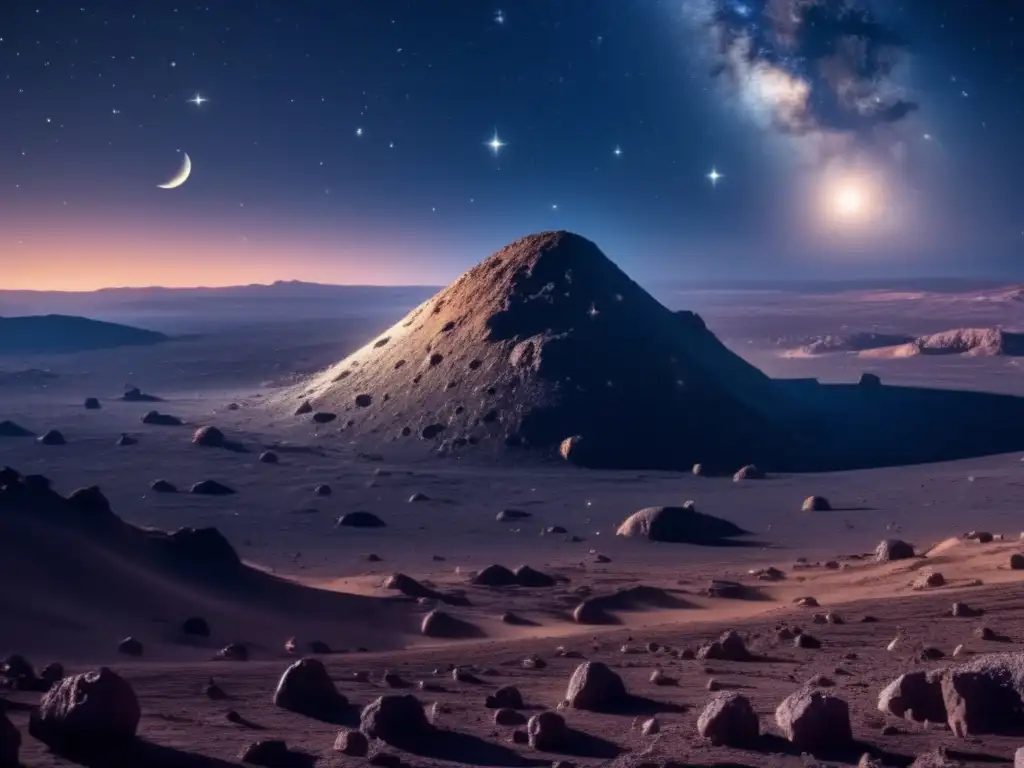 Un impresionante cielo nocturno lleno de estrellas y un asteroide iluminado por la luna