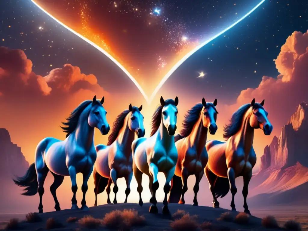 Impresionante escena celestial con centauros majestuosos en un vibrante cielo estrellado