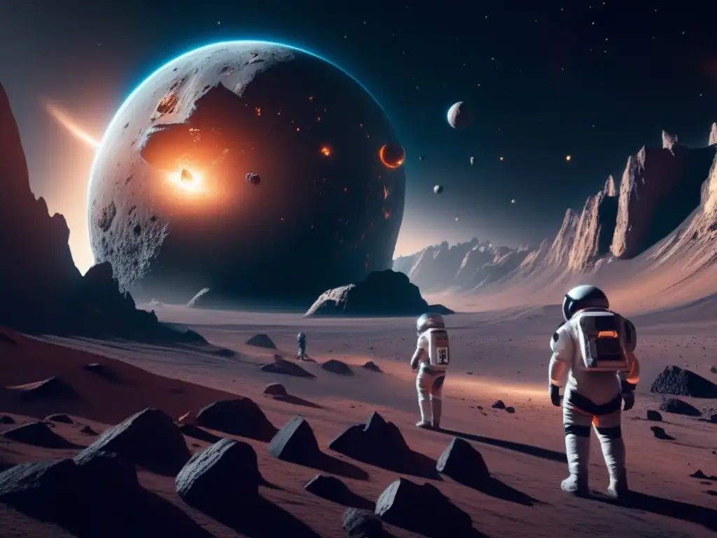 Impresionante escena futurista en el espacio con asteroides y astronautas