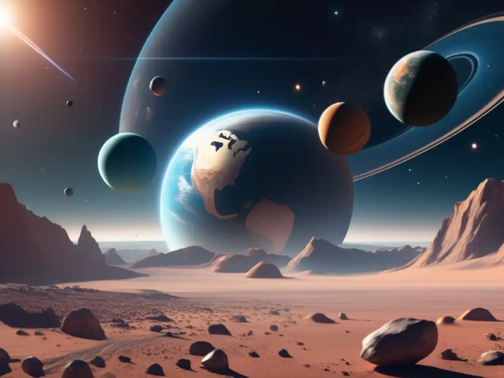 Detallada representación 8k del espacio con NEOs Representación impresionante de la exploración de asteroides cercanos a la Tierra