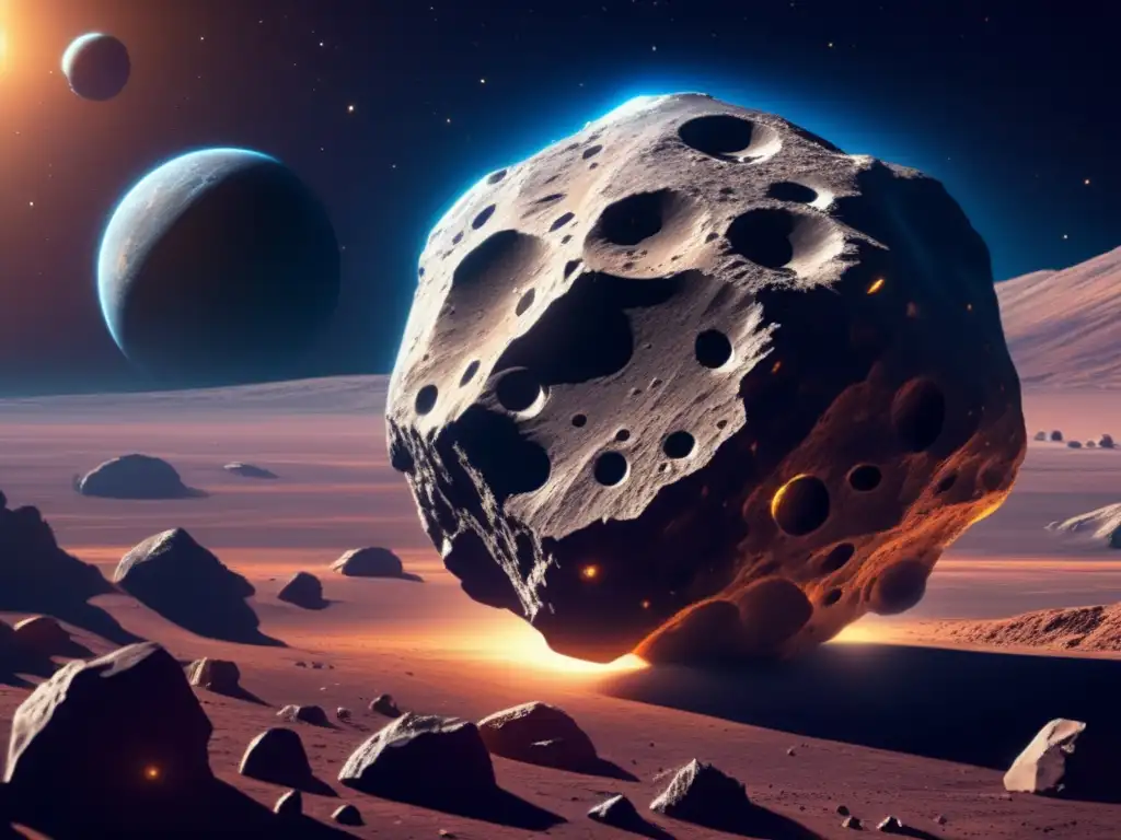 Una impresionante imagen de un asteroide masivo en el espacio, con minerales, patrones y texturas visibles