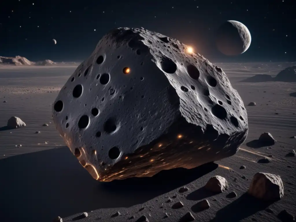 Impresionante imagen en 8k de un asteroide oscuro y rocoso flotando en el espacio - Desmontando mitos asteroides espacio