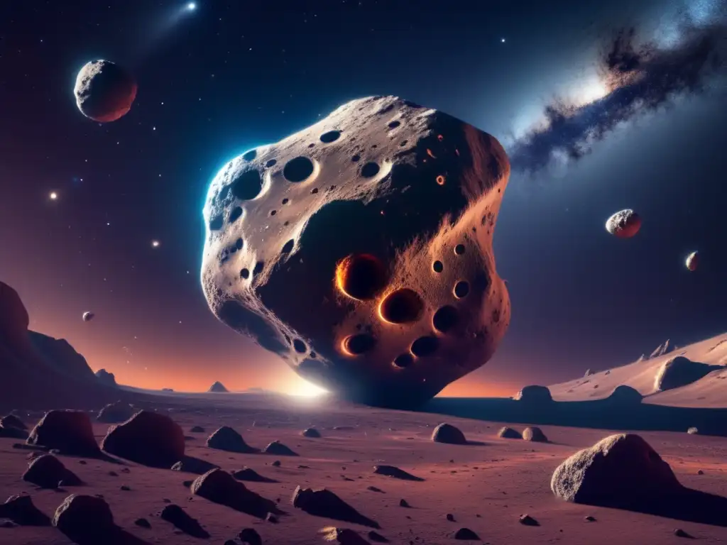 Impresionante imagen 8K de un asteroide rodeado de estrellas y gas cósmico - Exploración de asteroides y ciencia ficción