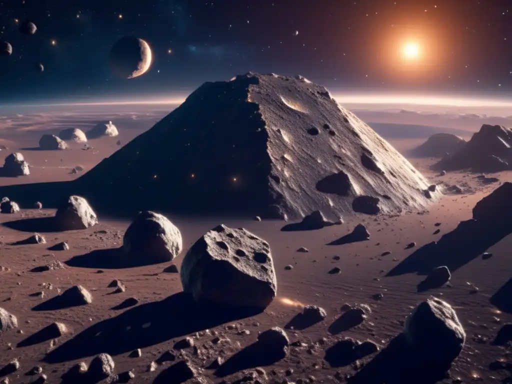Impresionante imagen 8k de un campo de asteroides en el espacio, con legislación espacial sobre reclamo de asteroides