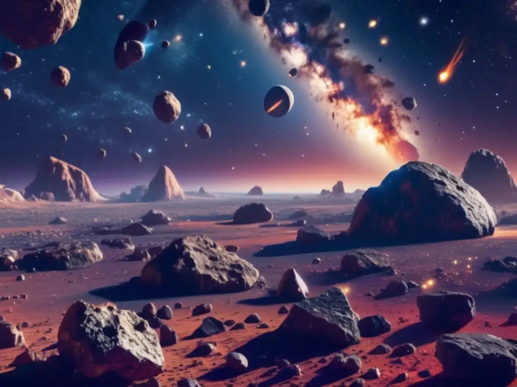 Impresionante imagen 8k de un campo de asteroides en el espacio, con minerales y metales vibrantes