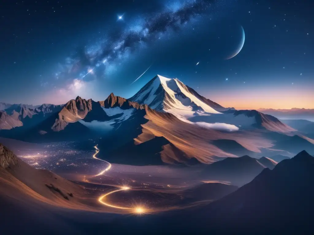 Impresionante imagen en 8K de un cielo nocturno hipnotizante con montañas iluminadas por la luna y un asteroide transitando
