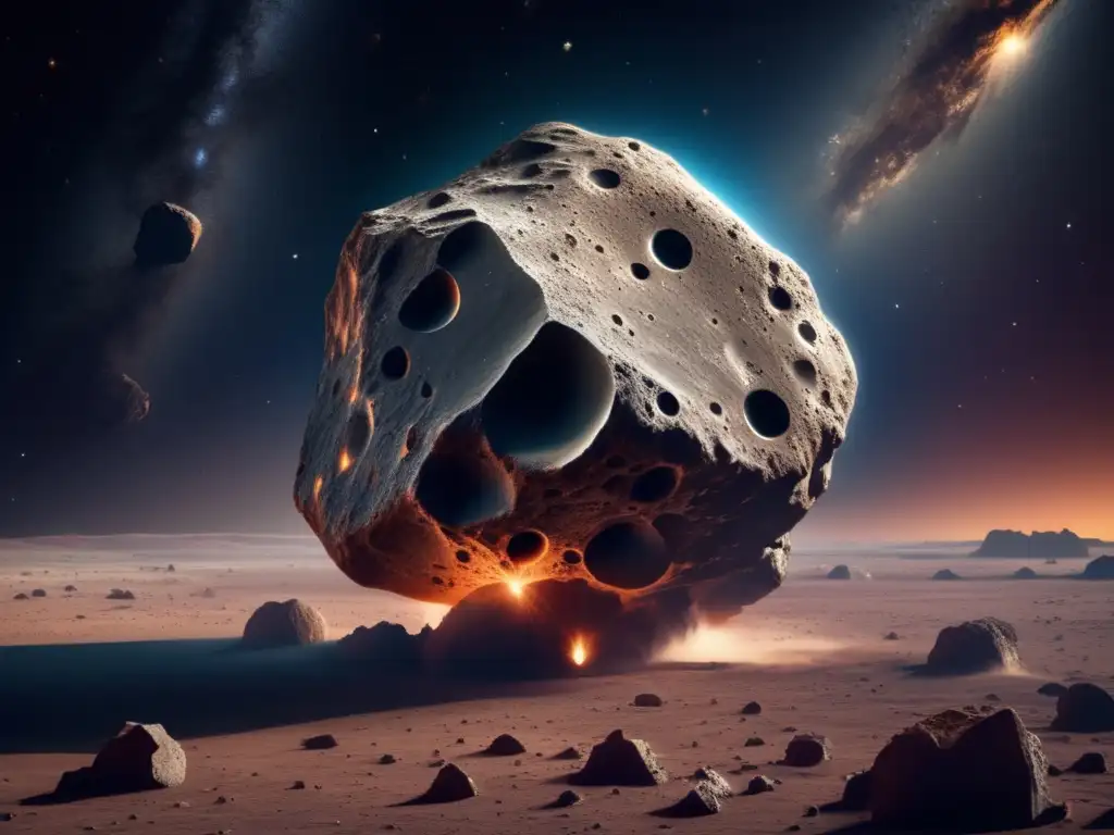 Impresionante 8k imagen detallada de asteroide rodeado de polvo y escombros, flotando en el espacio
