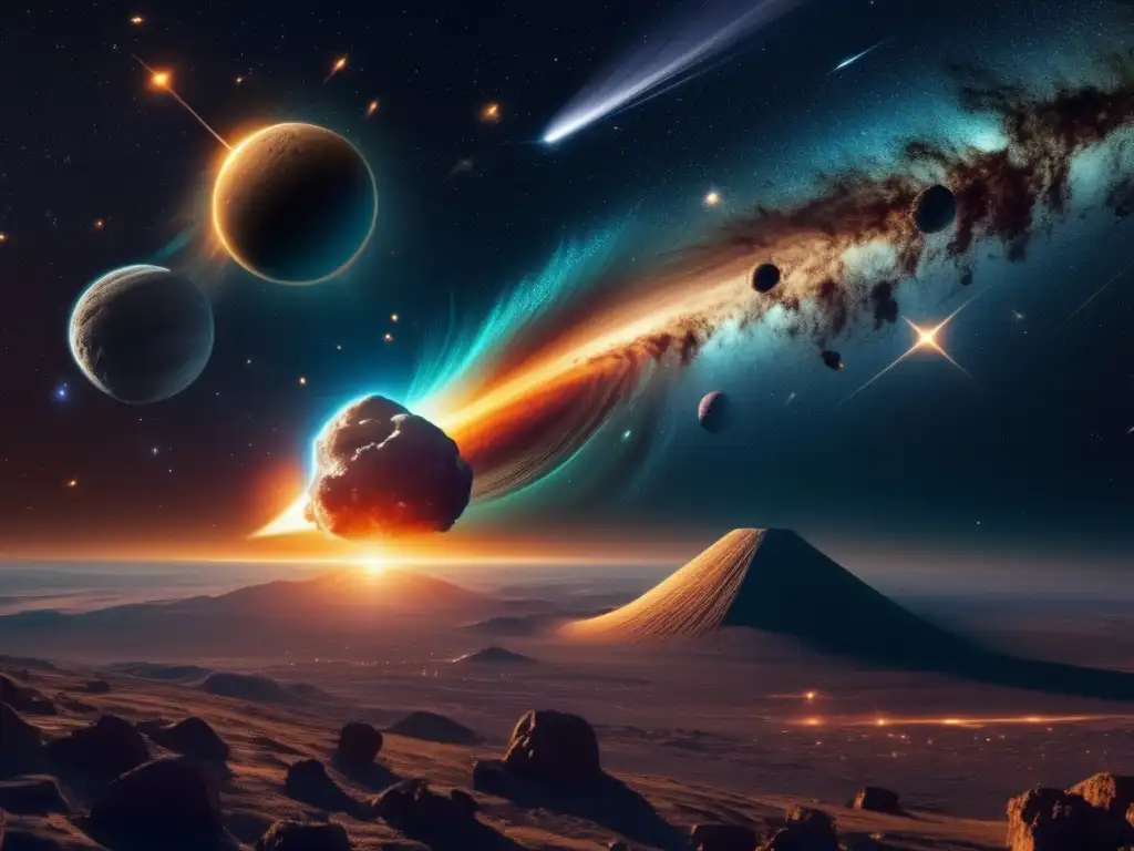 Impresionante imagen 8k de escena celestial con cometa, asteroides y estrellas