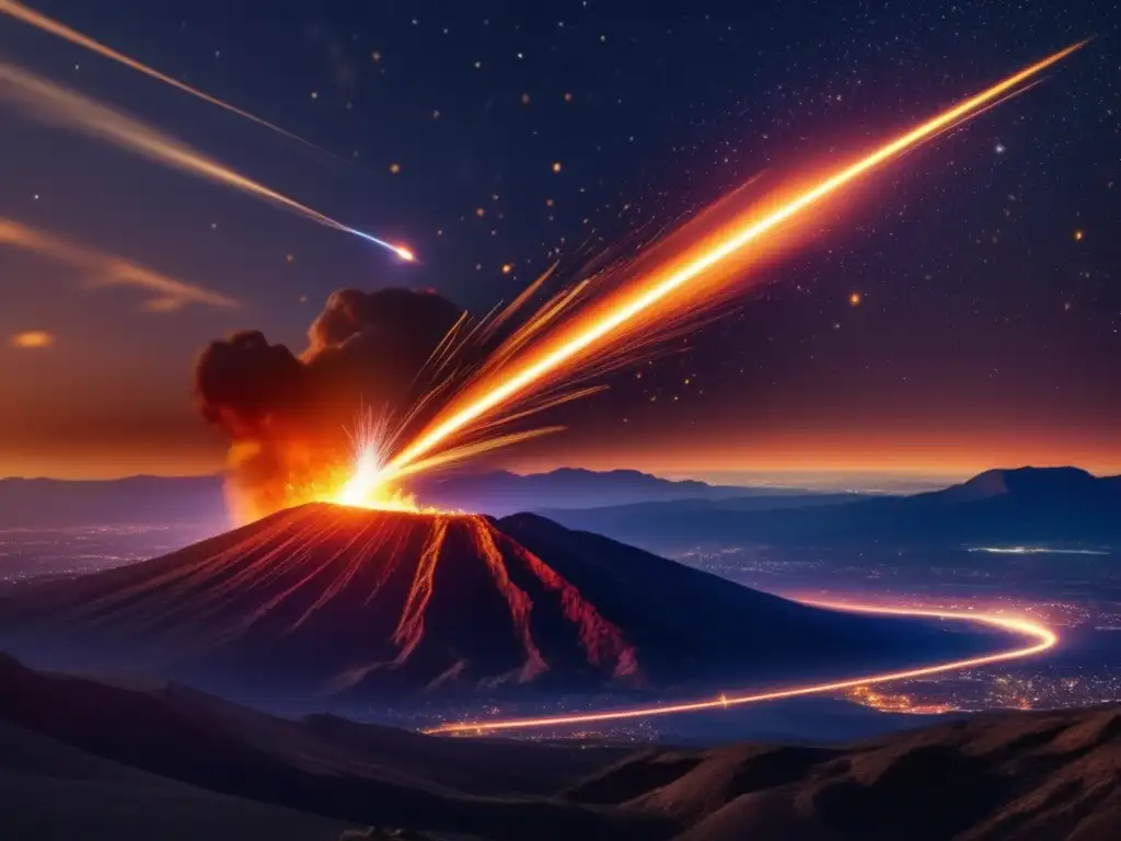 Impresionante imagen en 8k de un meteoro ardiente surcando el cielo nocturno, iluminando con su calor y colores intensos