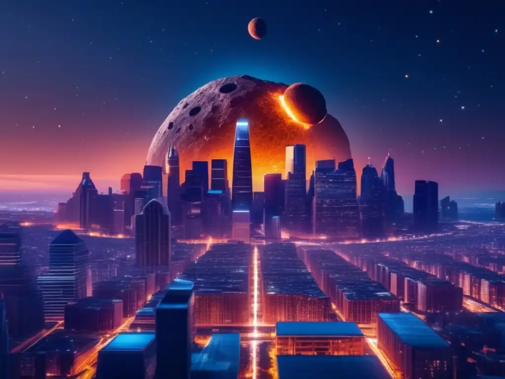 Impresionante imagen nocturna de ciudad con asteroide, destacando la grandeza del universo y las obras literarias inspiradas en asteroides