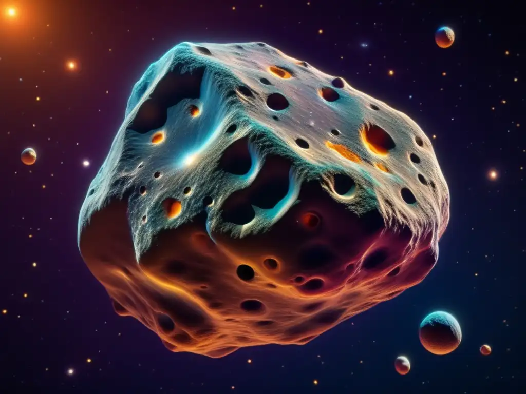 Una increíble imagen en 8k de un asteroide en el espacio, compuesto por nanopartículas coloridas y texturizadas