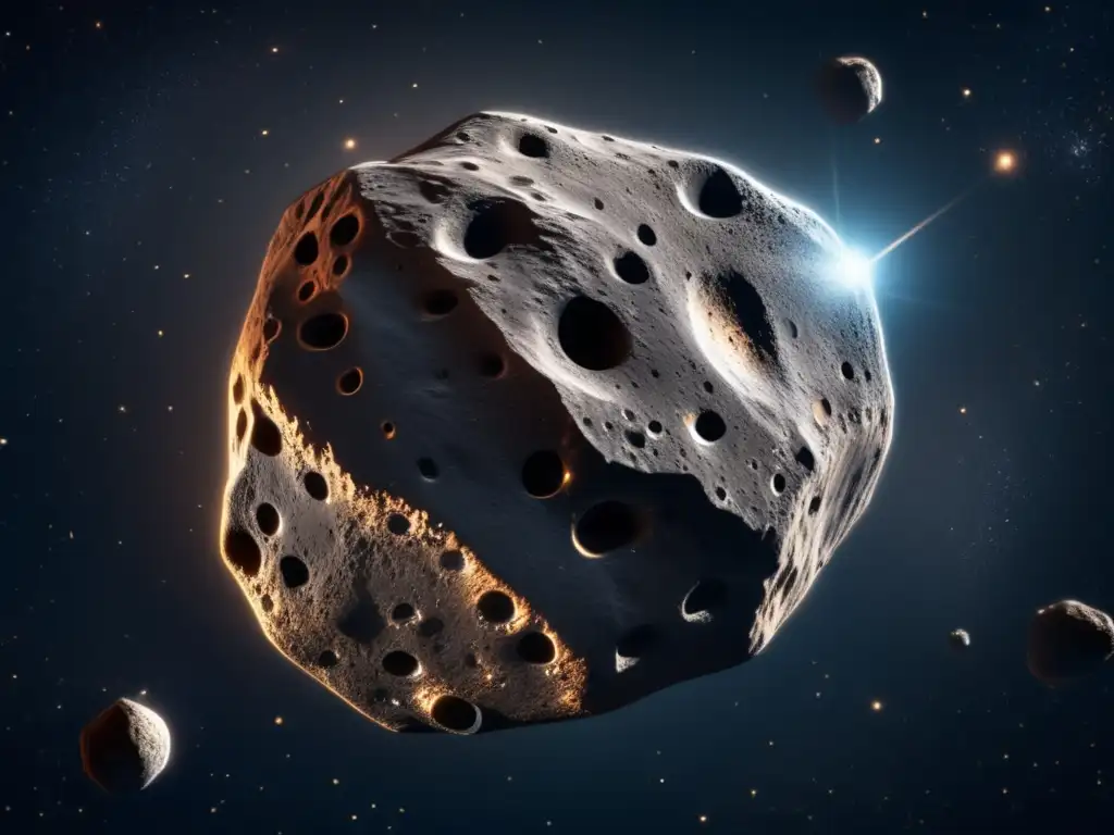 Increíble imagen en 8k de un asteroide reluciente en el espacio, con detalles intrincados de su superficie rocosa y cráteres
