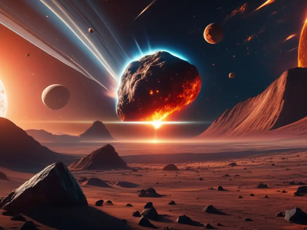 Increíble imagen 8K de impactante escena de película de ciencia ficción con meteorito amenazante y destrucción de ciudad