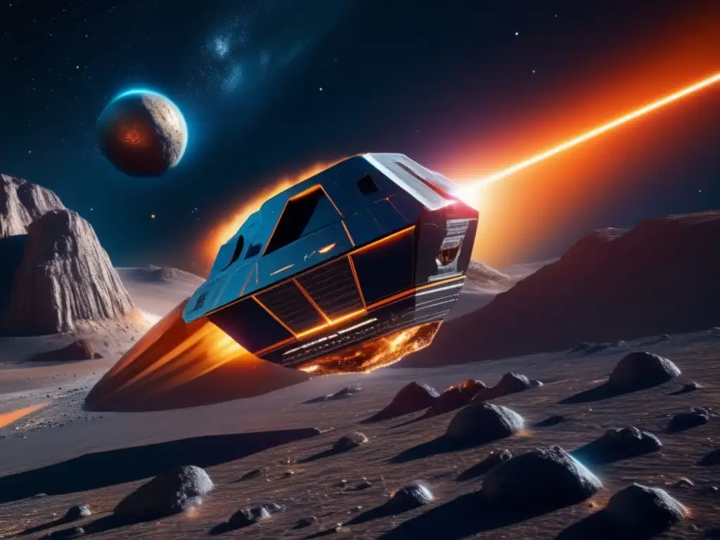 Increíble imagen 8k de una nave futurista cerca de un asteroide metálico en el espacio