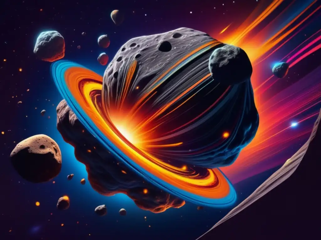 Influencia artística de los asteroides: Imagen 8k detallada muestra evolución y formación de asteroides, con colores vibrantes y movimiento cósmico