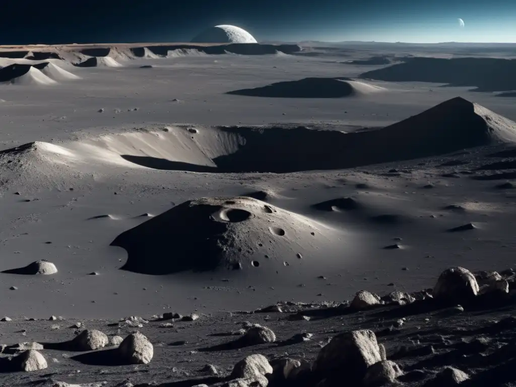 Influencia de los asteroides en los cráteres terrestres: cráter lunar, paisaje desolado, polvo lunar, impacto violento, belleza lunar