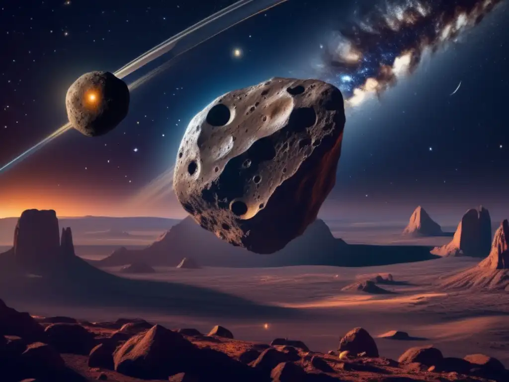 Influencia asteroides en cuerpos celestes: Imagen 8k detallada de un cielo estrellado oscuro con un asteroide masivo en primer plano
