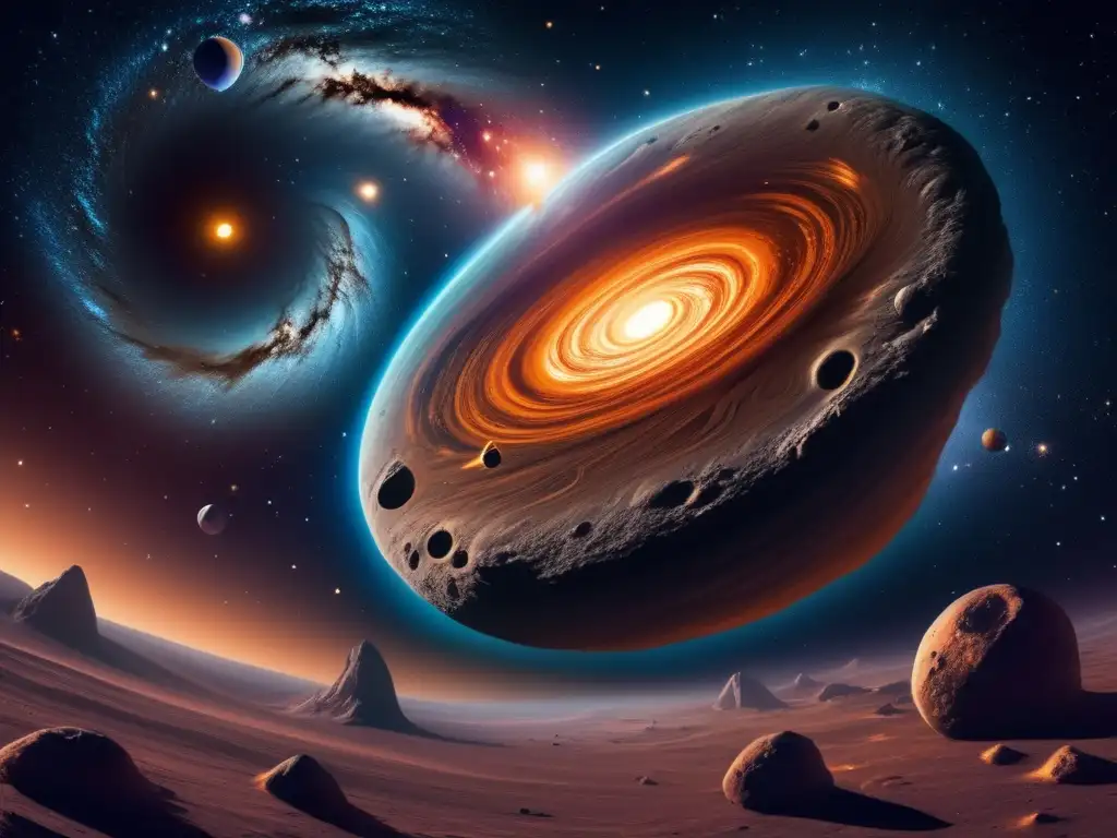 Influencia de asteroides en cuerpos celestes: imagen cósmica con asteroide gigante, galaxia espiral y órbitas de asteroides