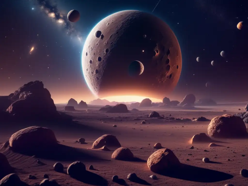Influencia de asteroides en cuerpos celestes: Imagen 8k ultradetallada del espacio con asteroides, planetas y lunas, mostrando su poder y belleza