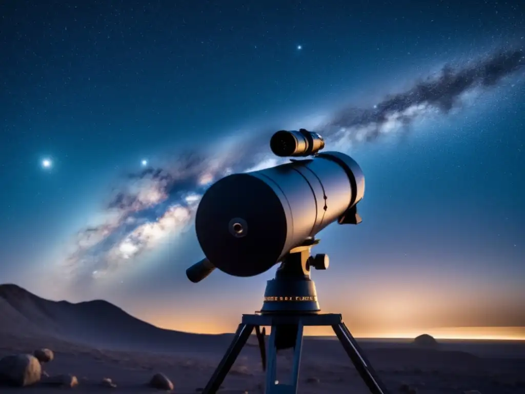 Influencia asteroides en cultura pop: Noche estrellada con telescopio, asteroide Ceres y fragmentos flotando en espacio