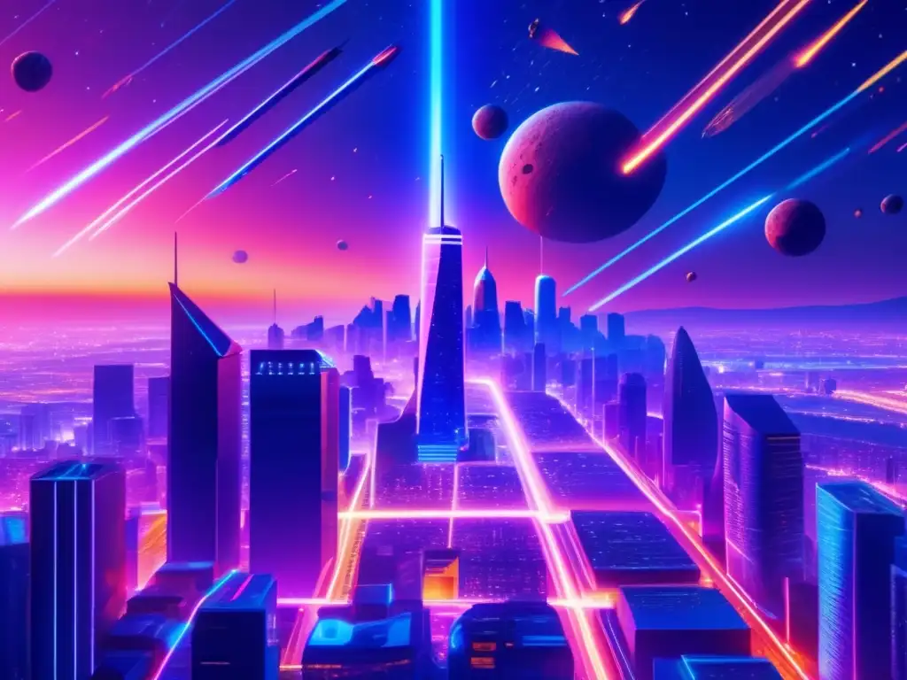 Influencia de asteroides en cultura pop: Futurista ciudad nocturna con rascacielos iluminados y meteórica lluvia de colores contrastantes
