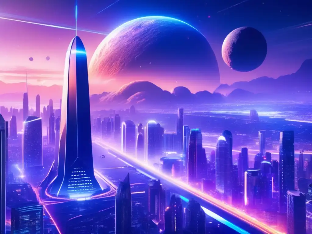 Influencia asteroides en cultura pop: ciudad futurista, rascacielos, vehículos iluminados, campo energético, amenaza de asteroide