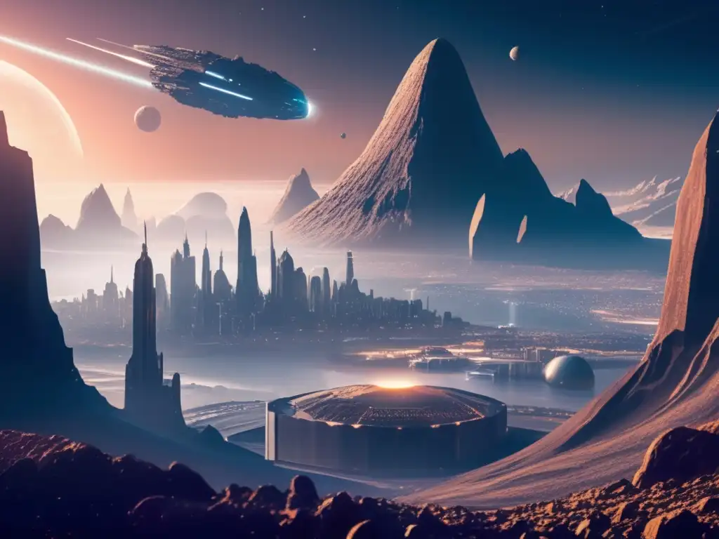 Influencia de asteroides en la cultura pop: Futurista ciudad en asteroide con arquitectura moderna, luces neón y vehículos voladores