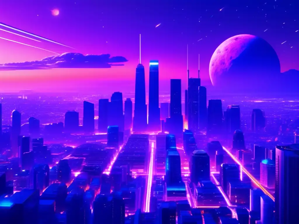 Influencia asteroides en cultura pop: Ciudad futurista al atardecer con rascacielos brillantes, un asteroide sobrevolando y gente en su rutina diaria