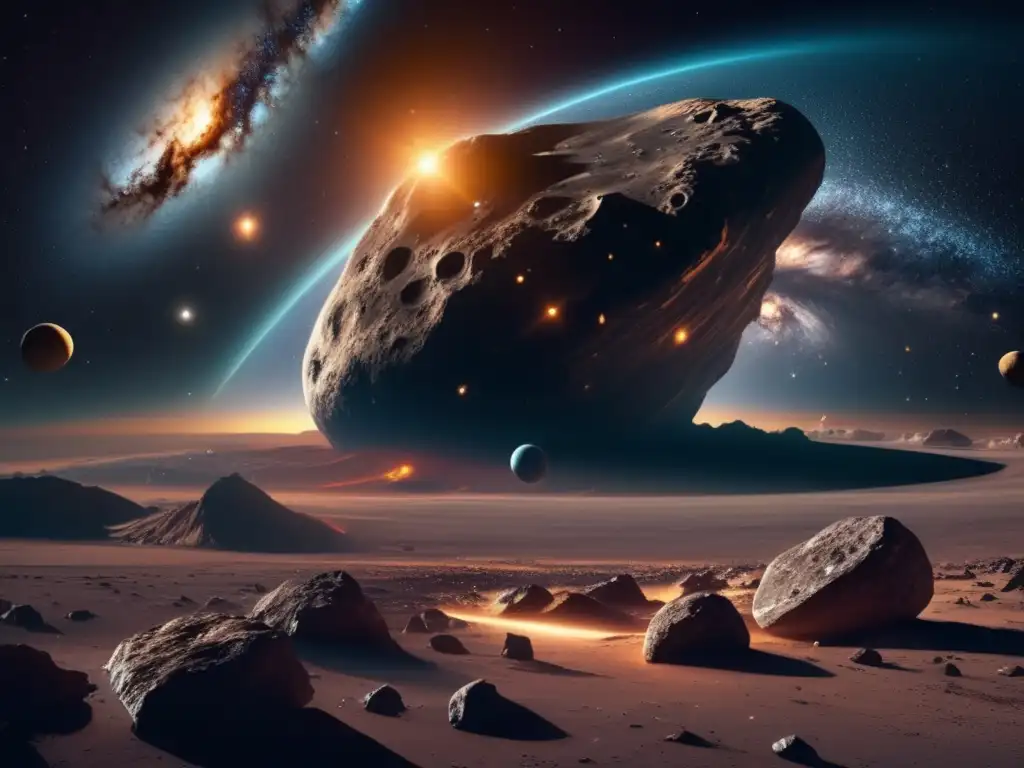 Influencia astrológica de asteroides: escena cósmica deslumbrante en 8K, con galaxias, estrellas y el imponente Asteroide S