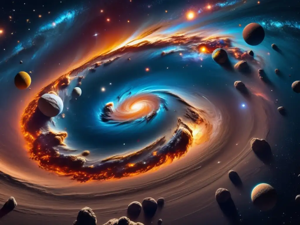 Influencia astrológica de asteroides en una impactante imagen 8k de una galaxia giratoria llena de colores vibrantes y estrellas brillantes
