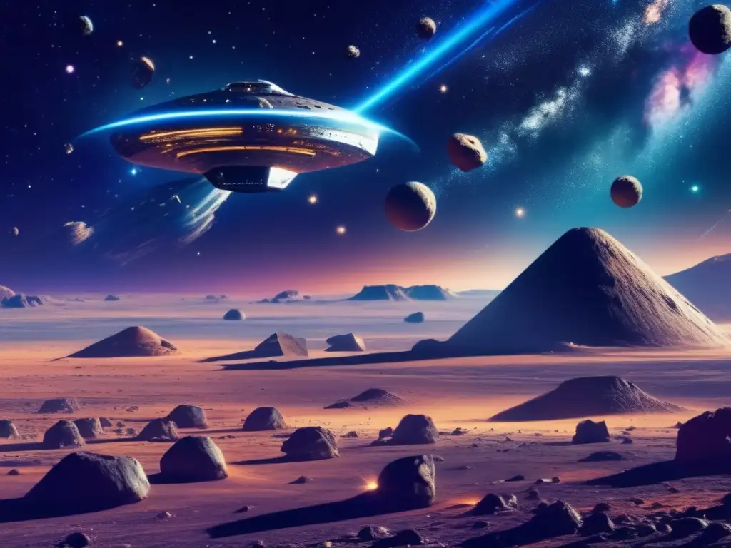 Influencia de asteroides en política exterior: nave espacial futurista minera en el cosmos