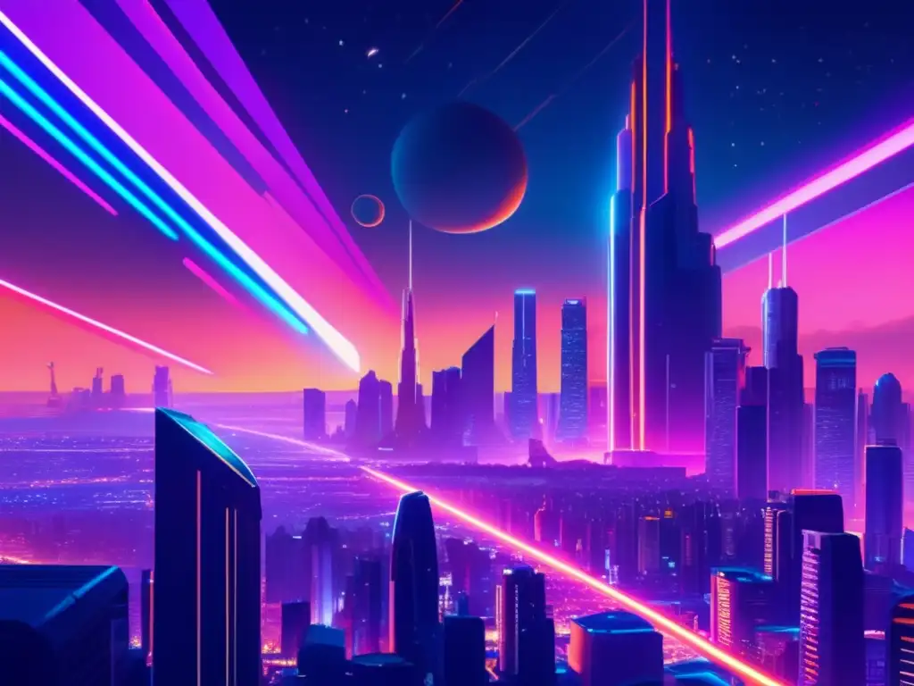 Influencia asteroides cultura pop noche futurista: ciudad con rascacielos, luces neón, asteroide en sombra
