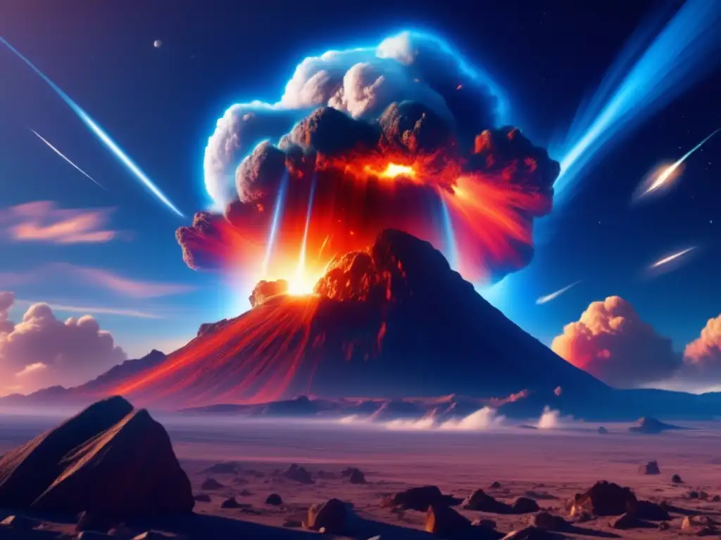 Influencia asteroides cambio climático: Imagen impactante de un asteroide masivo en llamas, creando una onda de choque y alterando la atmósfera