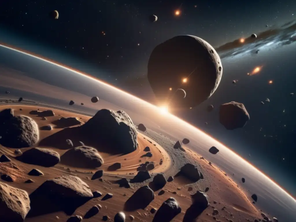 Influencia asteroides cambio climático: impresionante escena celeste con asteroides variados y detallados, texturas rugosas y colores cautivadores