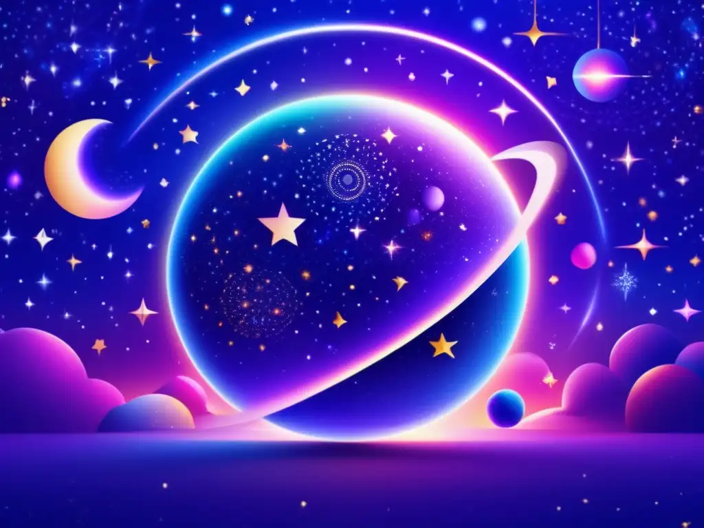Influencia astrológica de asteroides: ilustración detallada de una danza cósmica con cuerpos celestiales en un cielo estrellado
