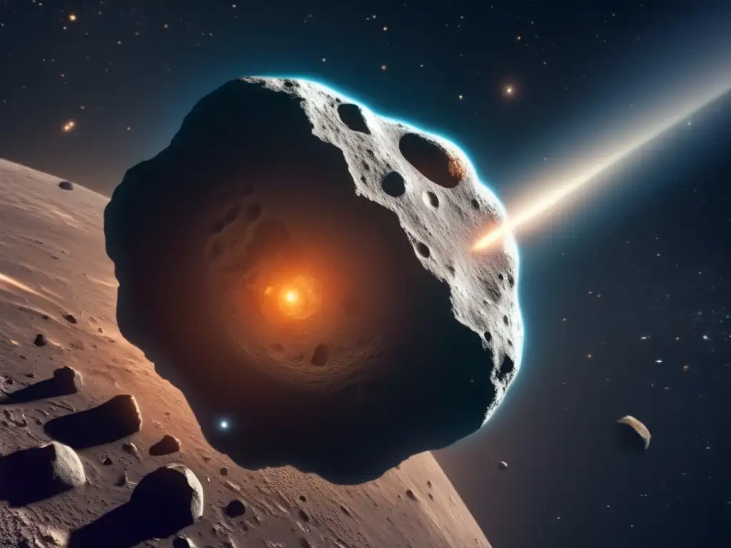 Influencia del Efecto Yarkovsky en asteroides: Detalles de un asteroide flotando en el espacio, con brillo y colores vibrantes