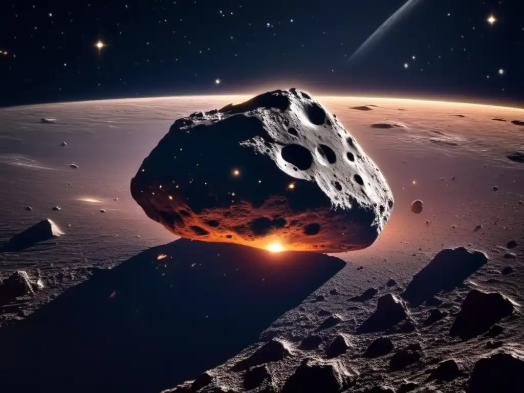 Influencia del Efecto Yarkovsky en asteroides flotando en el espacio, con superficie rocosa y cráteres iluminados por la luz solar