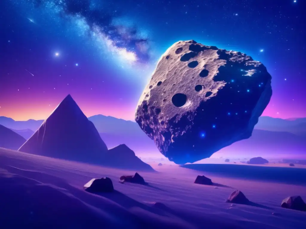 Influencia histórica clave de asteroides: noche estrellada con asteroide luminoso, textura rocosa, ambientes místicos y poder celestial